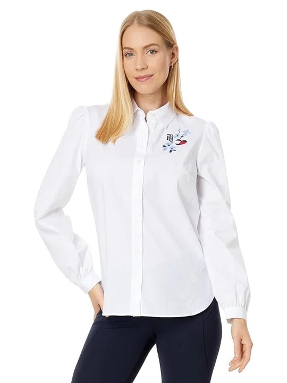 NWT Tommy Hilfiger White Button-Down Shirt with Embroidered Chest Motif